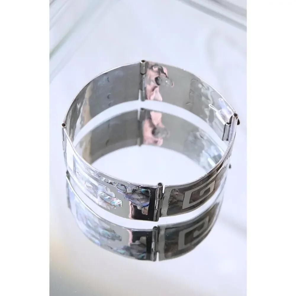Vintage Sterling Silver Greek Key Abalone Cuff Bracelet, Mexico